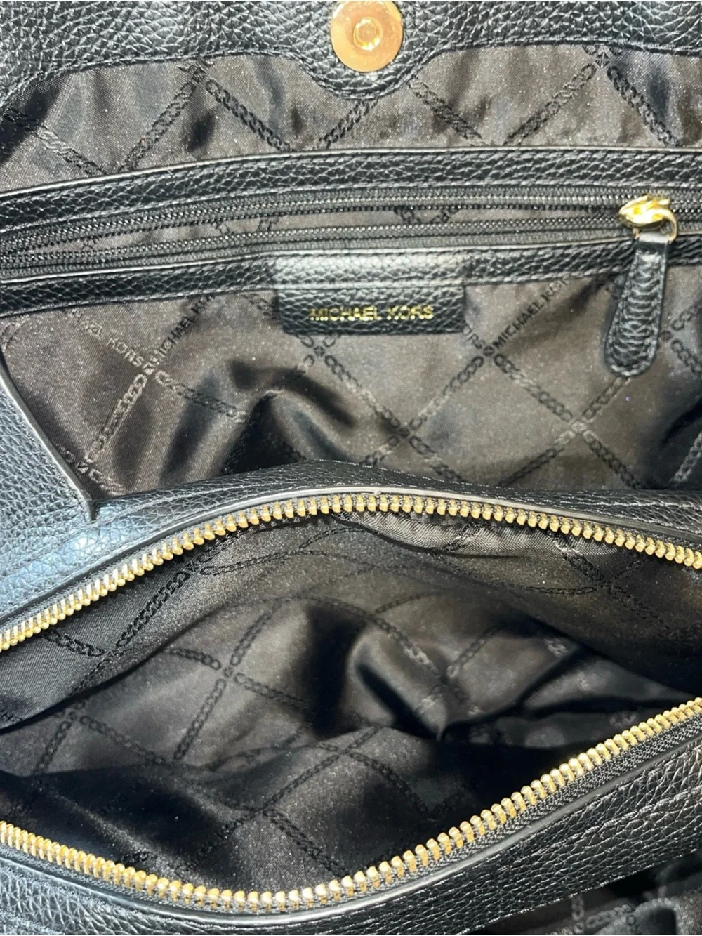 Michael Kors Black Leather Double-Handle Tote Pebbled Gold Toned Hardware